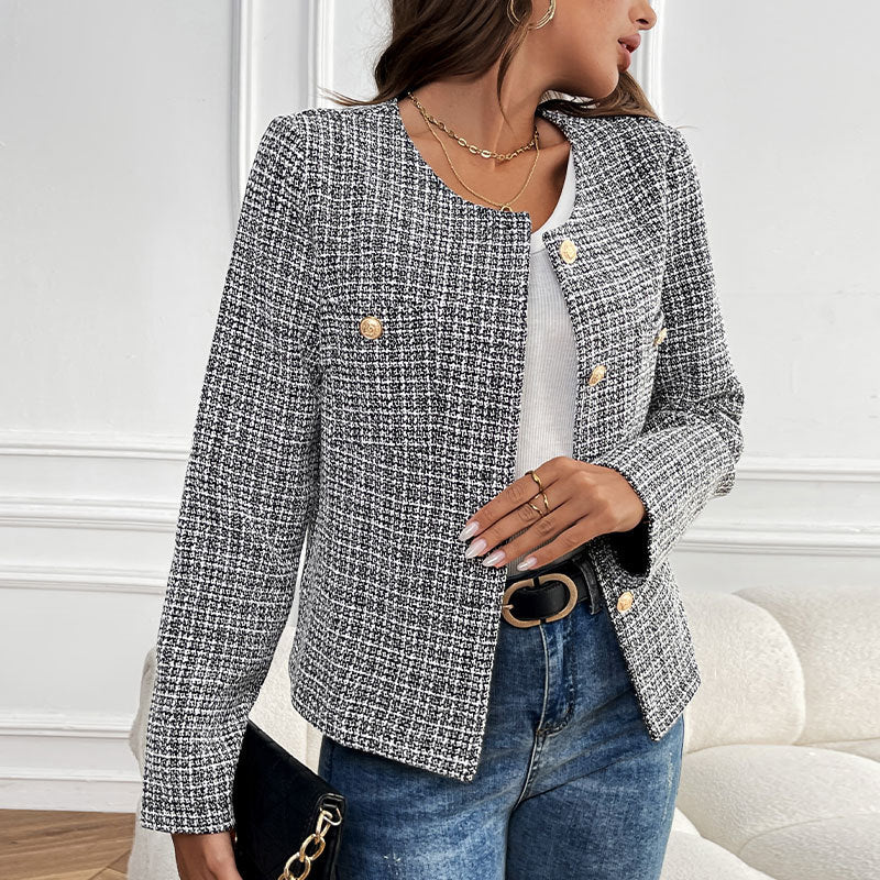 Damen Bouclé-Tweed-Blazer mit Rundhalsausschnitt, goldenen Zierknöpfen und kastiger Silhouette Shop Nory