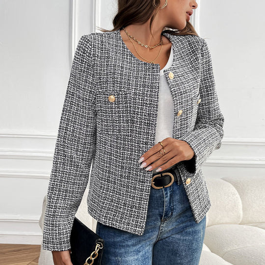 Damen Bouclé-Tweed-Blazer mit Rundhalsausschnitt, goldenen Zierknöpfen und kastiger Silhouette Shop Nory