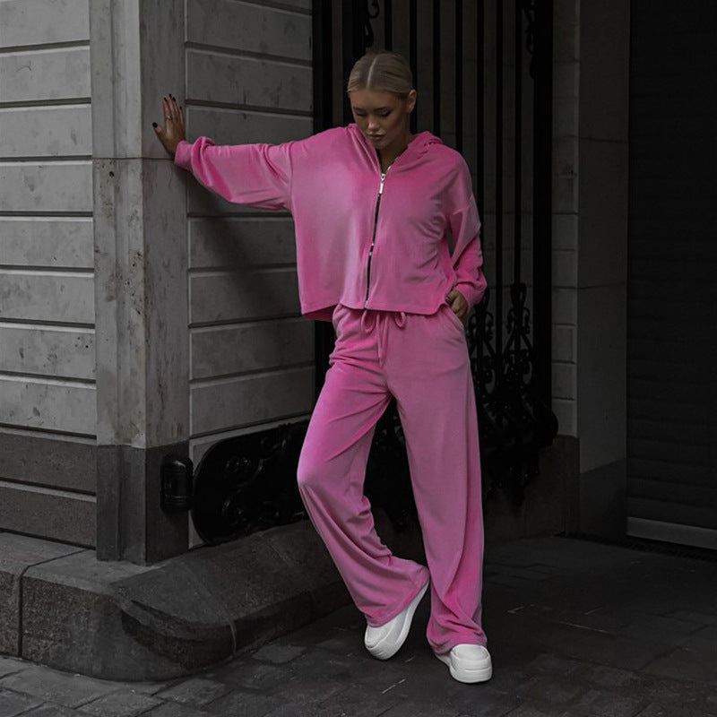 Damen kuscheliges Velours-Zweiteiler mit kurzem Reißverschluss-Hoodie, Tunnelzugbund und weitem Palazzo-Jogger Shop Nory