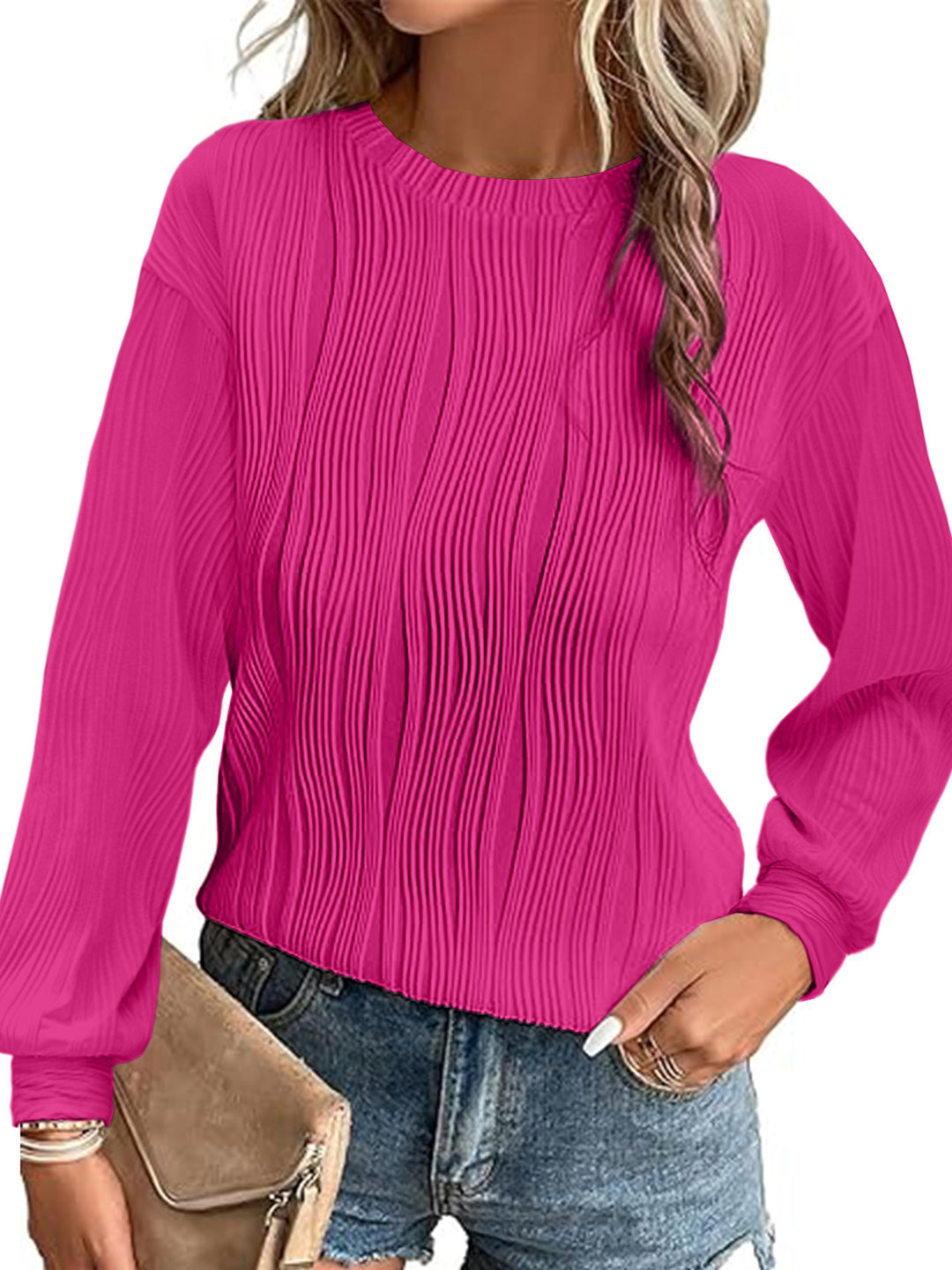 Damen Fein plissiertes Langarmshirt mit Rundhalsausschnitt und strukturierter Wellenoptik Shop Nory