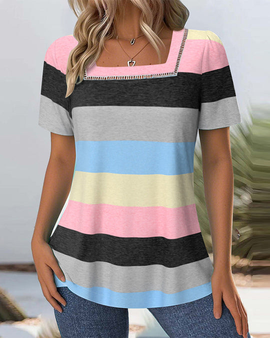 Damen T-Shirt mit modernem Streifenmuster und dekorativem Rundhalsausschnitt