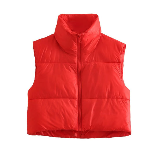 Damen cropped Daunenweste mit hohem Kragen und praktischen Taschen