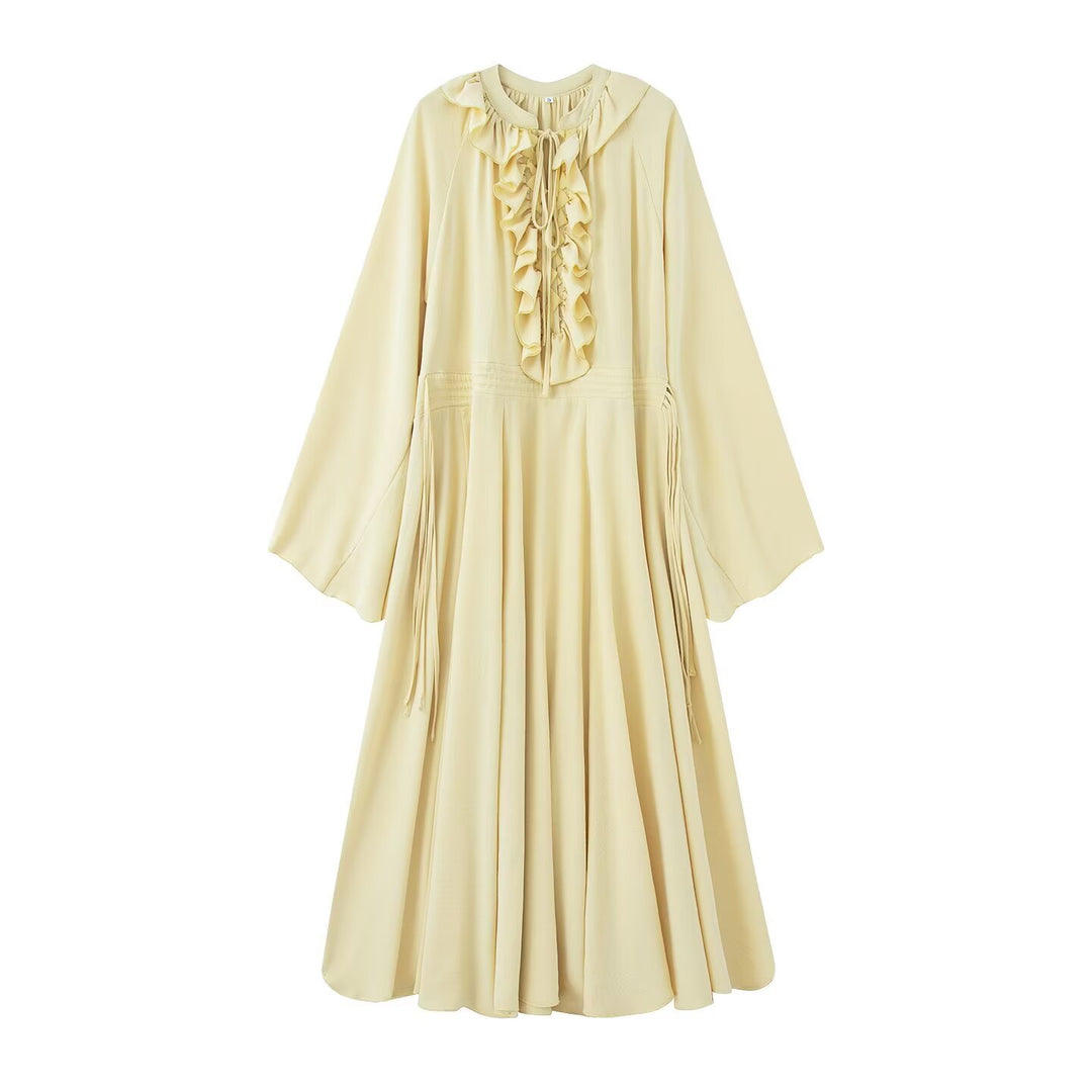Damen Maxikleid mit Volants, Bindekragen und weitem Glockenärmel Shop Nory