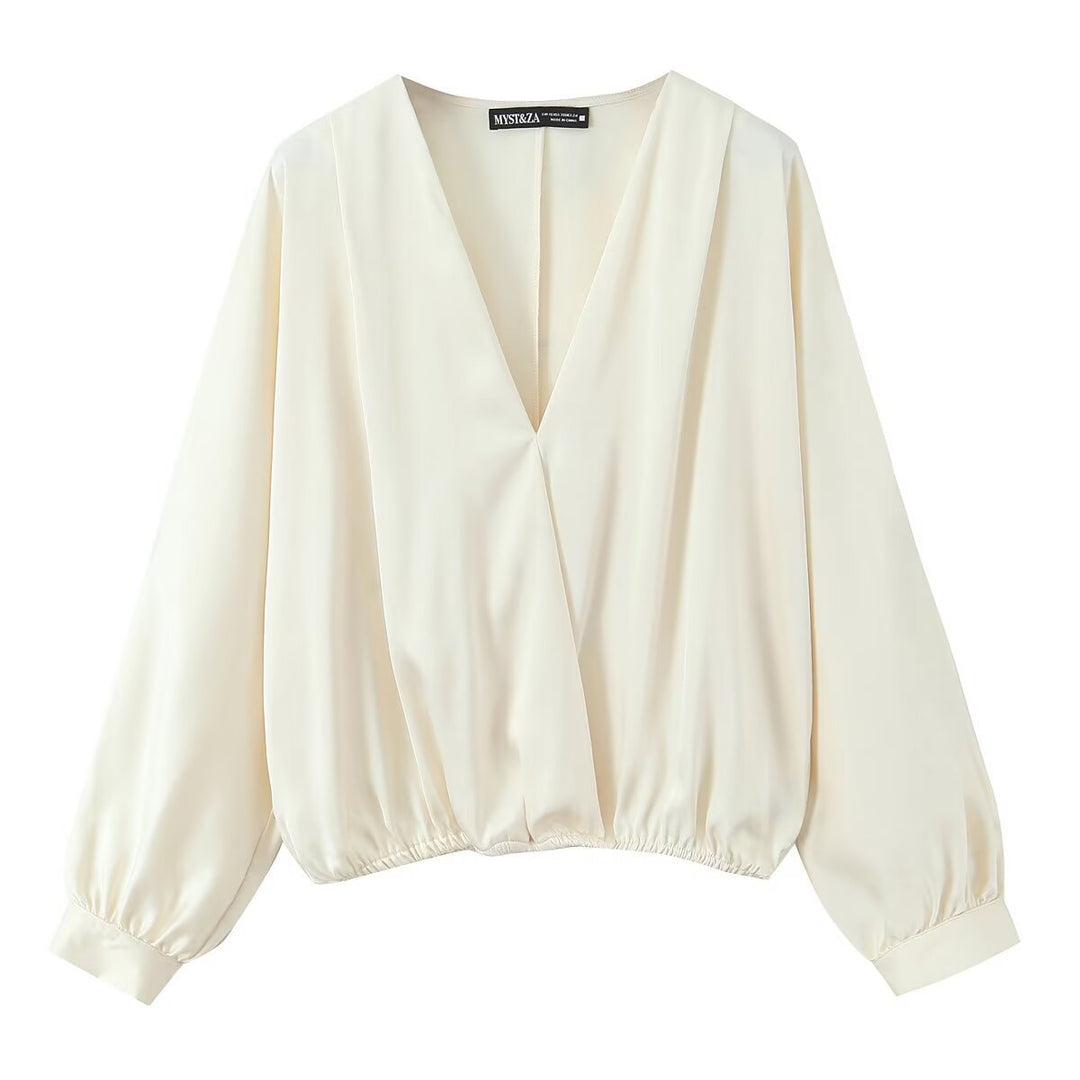 Damen Satinbluse mit tiefem Wickel-V-Ausschnitt, elastischem Saum und Ballonärmeln Shop Nory