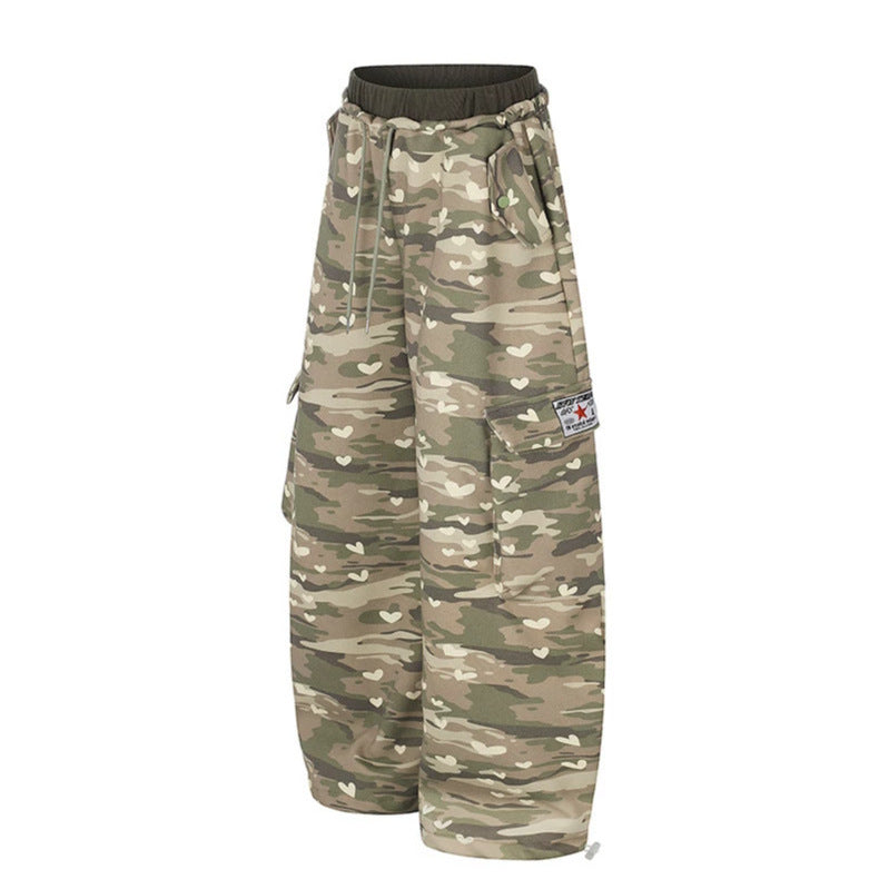 Damen Weite Cargo-Hose mit Herzen-Camouflage, Tunnelzugbund und großzügigen Taschen Shop Nory