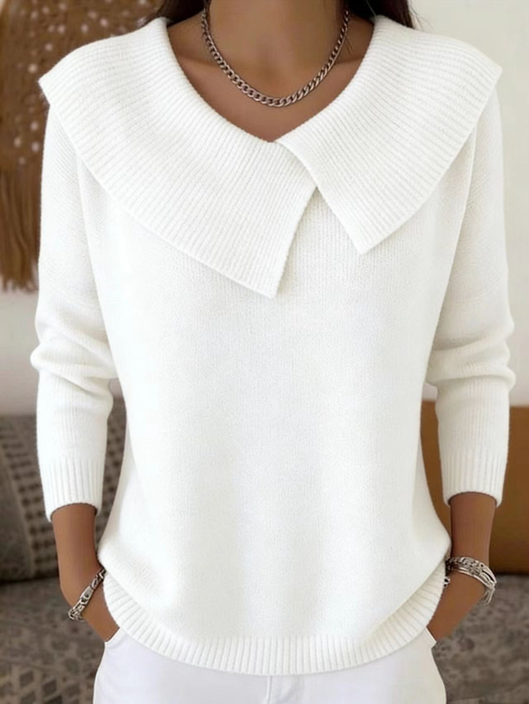 Damen nan grobgestrickter Pullover mit übergroßem Matrosenkragen und gerippten Abschlüssen Shop Nory