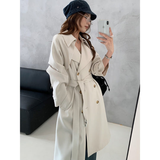 Damen Kastenförmiger Midilanger Trenchcoat mit weichem Fall und verstellbaren Manschetten Shop Nory