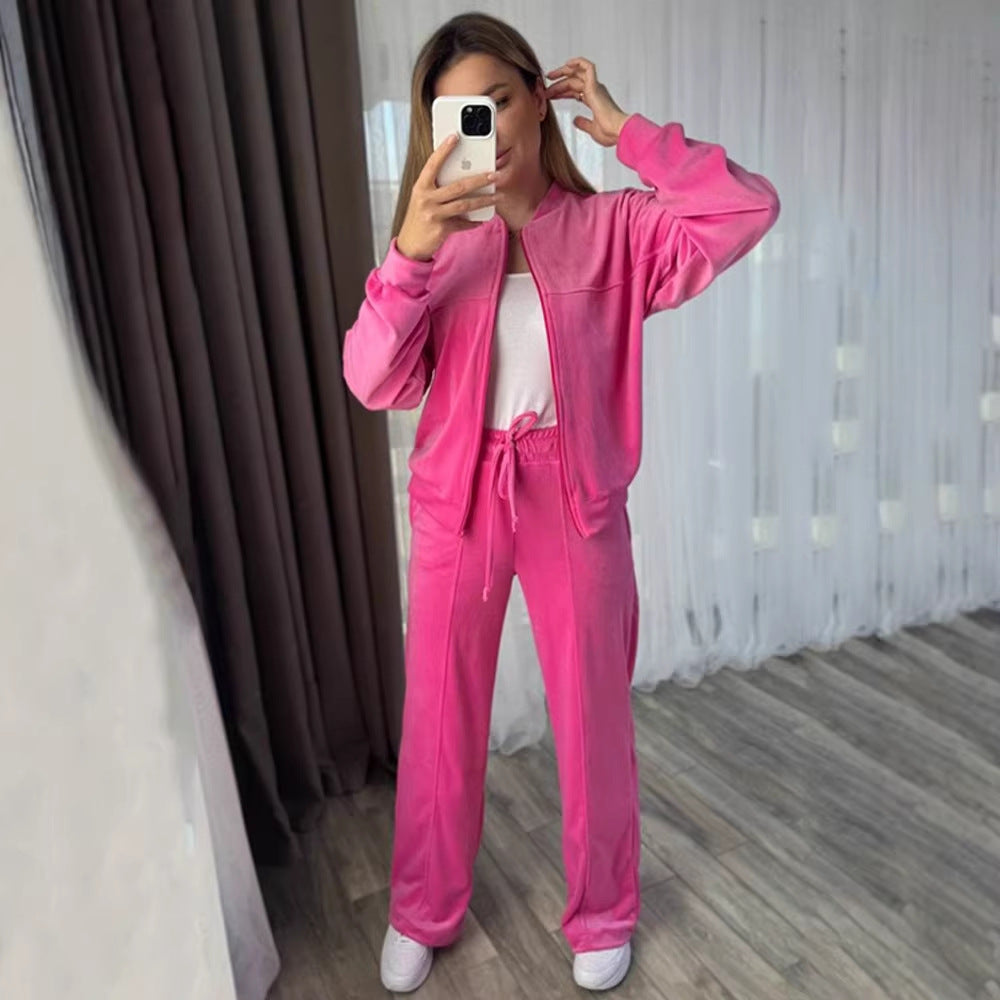 Damen Velours-Trainingsanzug mit Stehkragen und weitem Loungebund-Hosenbein Shop Nory