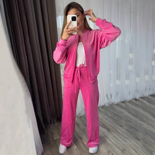 Damen Velours-Trainingsanzug mit Stehkragen und weitem Loungebund-Hosenbein Shop Nory