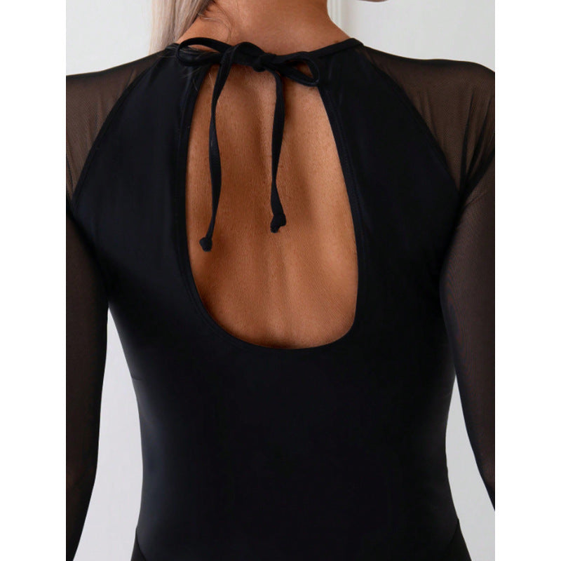 Damen Einteiler Badeanzug mit langem Arm und transparenten Einsätzen Shopnory