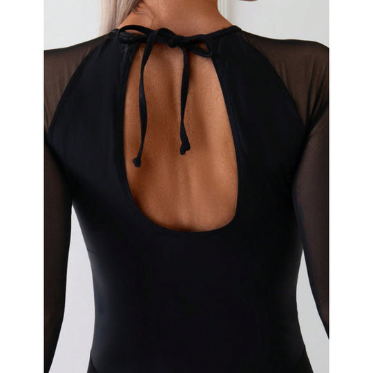 Damen Einteiler Badeanzug mit langem Arm und transparenten Einsätzen Shopnory