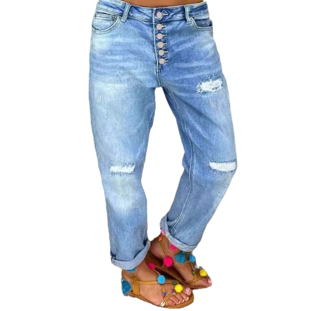Damen Boyfriend Jeans mit Knopfverschluss und Distressed-Details