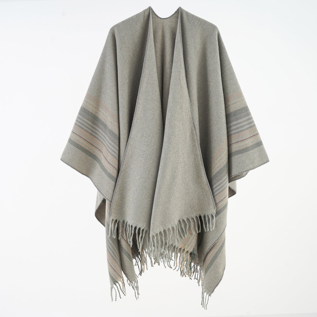 Damen Weichfallender Umlegeponcho mit gestreifter Bordüre und Fransensaum Shop Nory