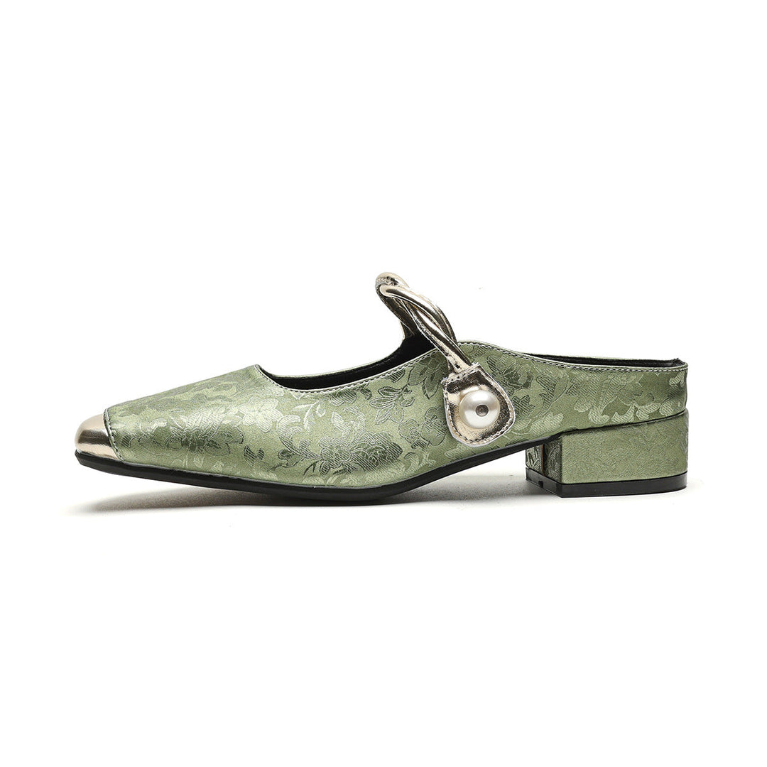 Damen Slingback-Mules mit schimmerndem Stoff und dekorativem Schnallenakzent