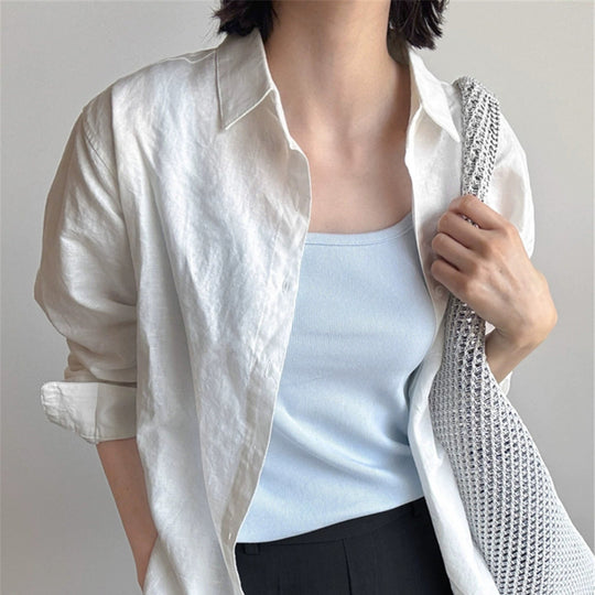 Damen Lockeres Leinen‑Hemd mit kastiger Silhouette, umgeschlagener Manschette und Kentkragen Shop Nory