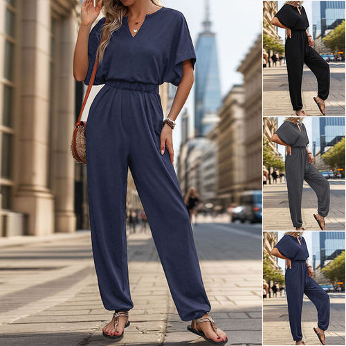 Damen Lässiger Jumpsuit mit Taillen-Smock, kurzem Fledermausärmel und elastischem Knöchelabschluss Shop Nory