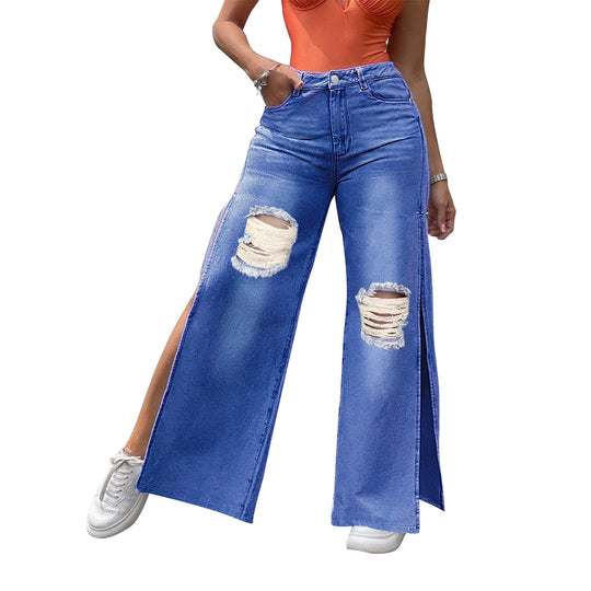 Damen Hochtaillierte Wide-Leg-Jeanshose mit Knie-Rissen und seitlichen Schlitzen Shop Nory