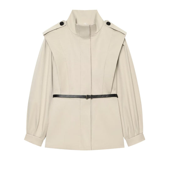 Damen Kurzer Cape‑Trench mit hohem Funnelkragen und Taillengürtel Shop Nory