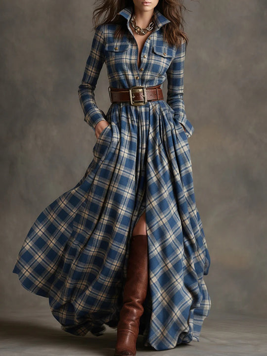 Damen Karierte Maxikleid mit Hemdbluse-Oberteil, Taillierter Bund und Eingrifftaschen Shop Nory