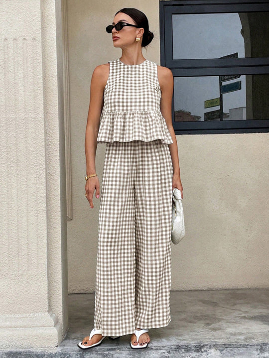 Damen Zweiteiliges Vichy-Karo-Set mit tailliertem Volanttop und weiter Palazzo-Hose Shop Nory