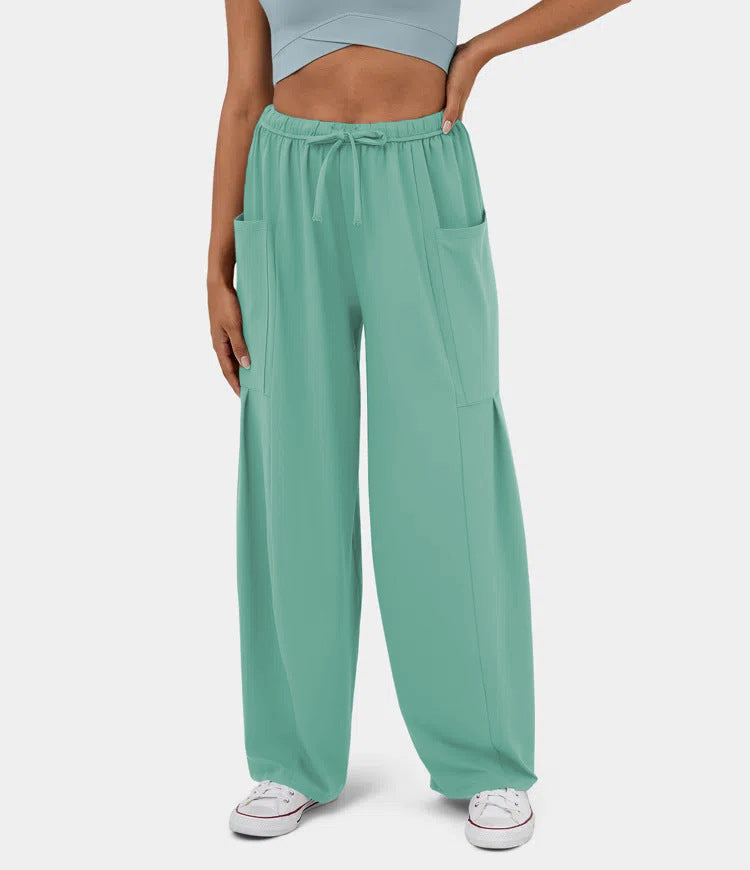 Damen Weite Relax‑Hose mit hohem Elastikbund, Tunnelzug und großen Cargo-Taschen Shop Nory