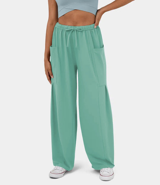 Damen Weite Relax‑Hose mit hohem Elastikbund, Tunnelzug und großen Cargo-Taschen Shop Nory
