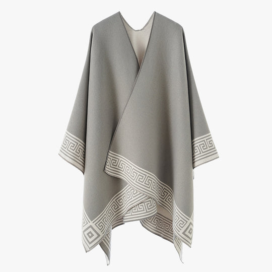Damen Oversize-Capeponcho im Wickelstil mit Mäanderbordüre und kastiger Silhouette Shop Nory