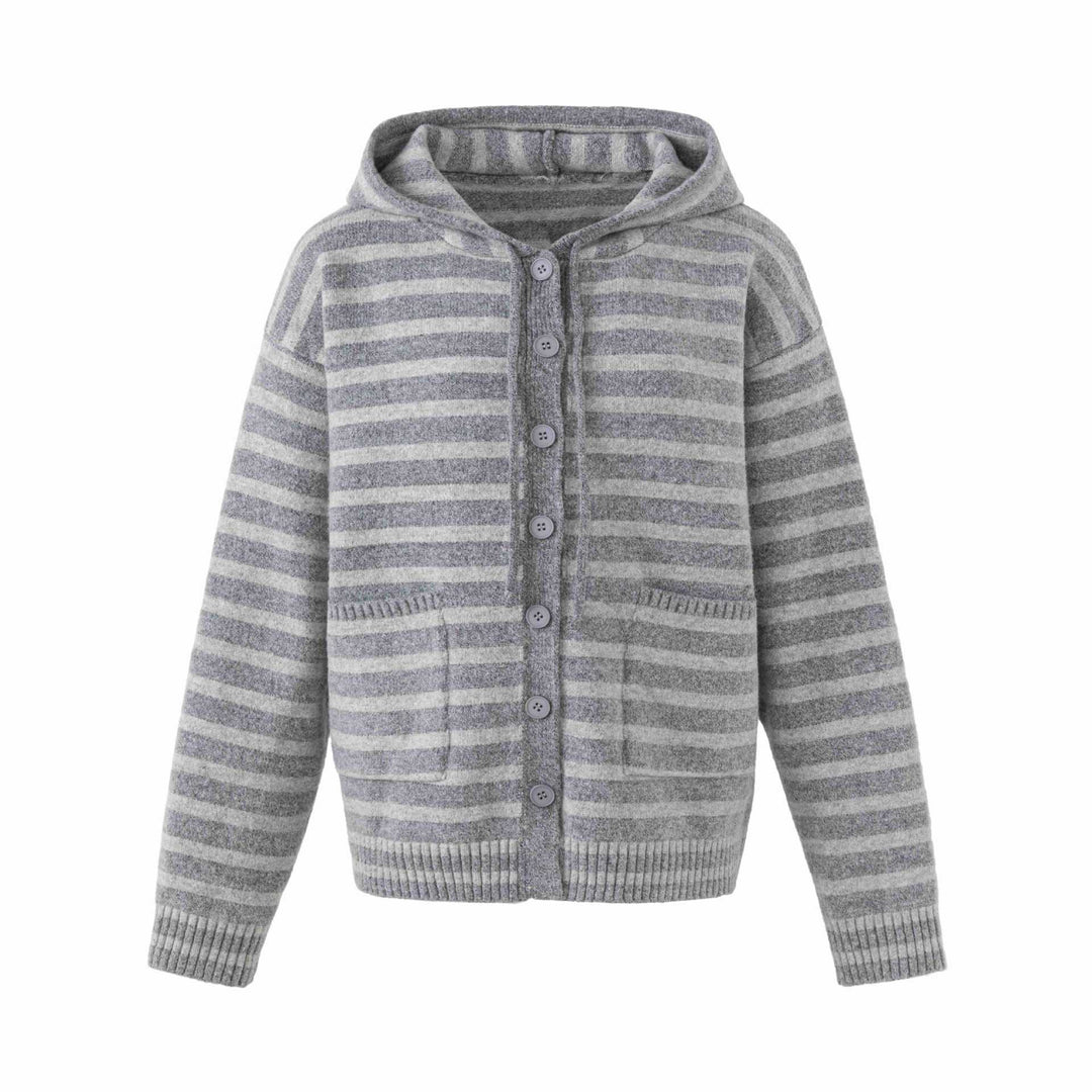 Damen Kapuzenstrickjacke mit Knopfleiste und Blockstreifen Shop Nory