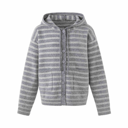 Damen Kapuzenstrickjacke mit Knopfleiste und Blockstreifen Shop Nory