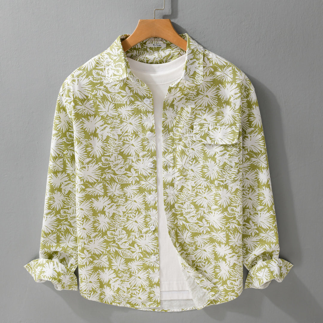Damen Leichtes Blumenprint-Overshirt aus Leinen-Baumwollmix mit Kentkragen und Brusttasche Shop Nory