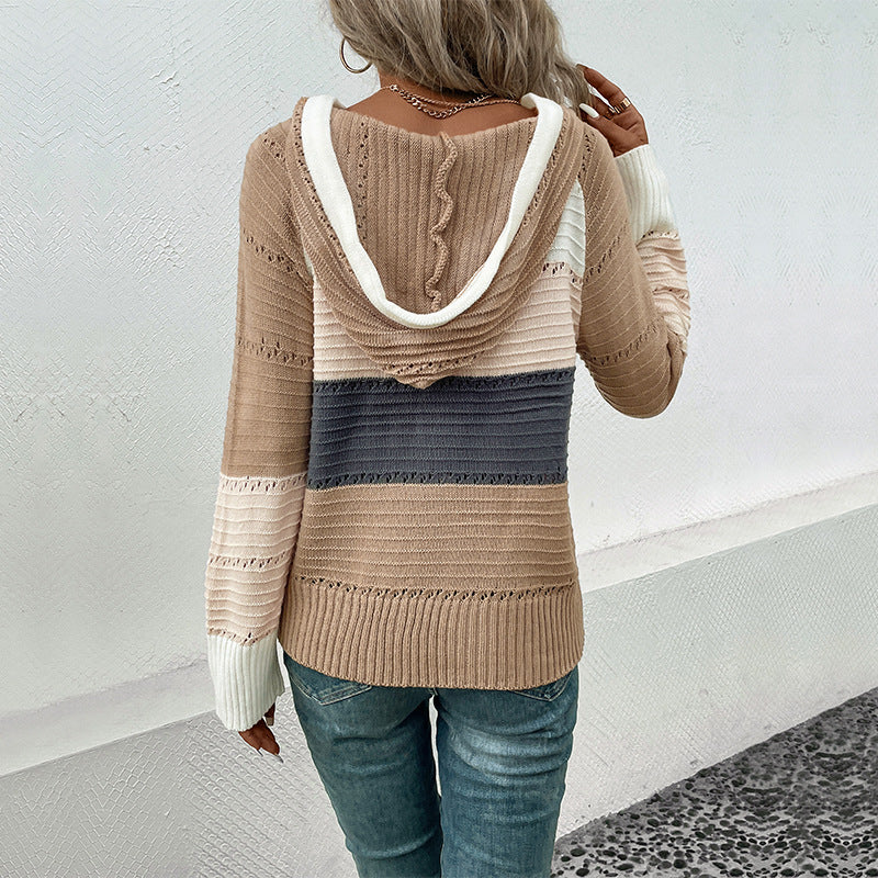 Damen Feinstrick-Kapuzenpullover mit Blockstreifen, V-Ausschnitt und Rippenbündchen Shop Nory