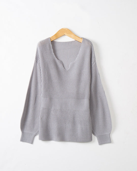 Damen Lockerer Feinstrick-Pullover mit V-Notch-Ausschnitt, Tailliertem Rippbund und Ballonärmeln Shop Nory
