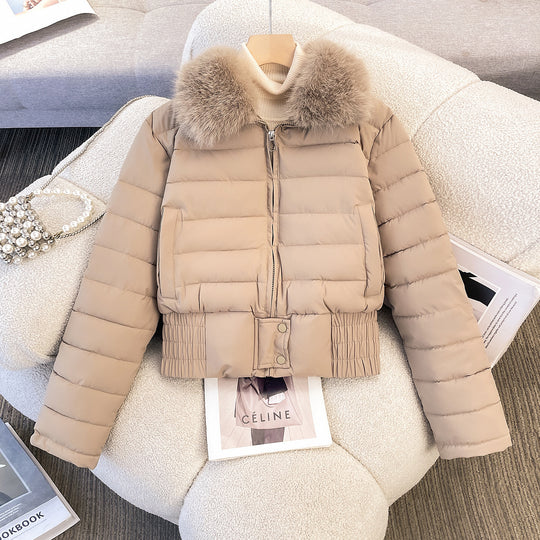 Damen nan kurze gesteppte Bomberjacke mit abnehmbarem Fellkragen und tailliertem Rippbund Shop Nory