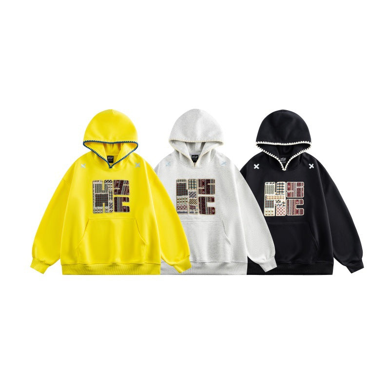 Unisex Weit geschnittener Kapuzenpullover mit Patchwork-Applikation und Kängurutasche Shop Nory