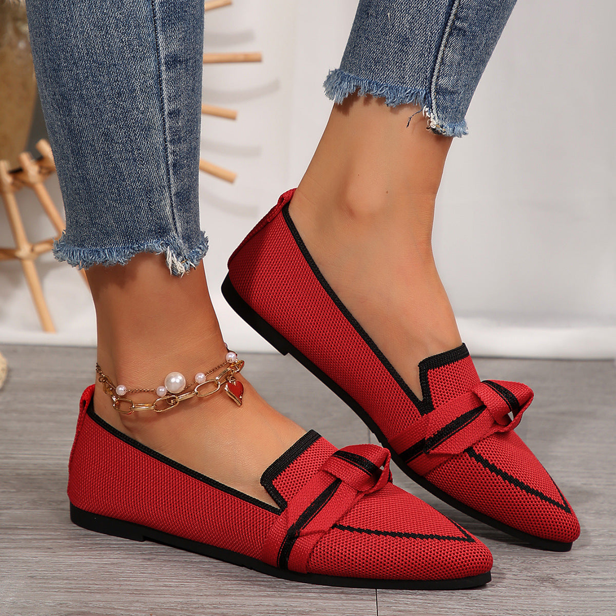 Damen Ballerinas mit modischem Streifendesign und charmantem Schleifenakzent Shopnory
