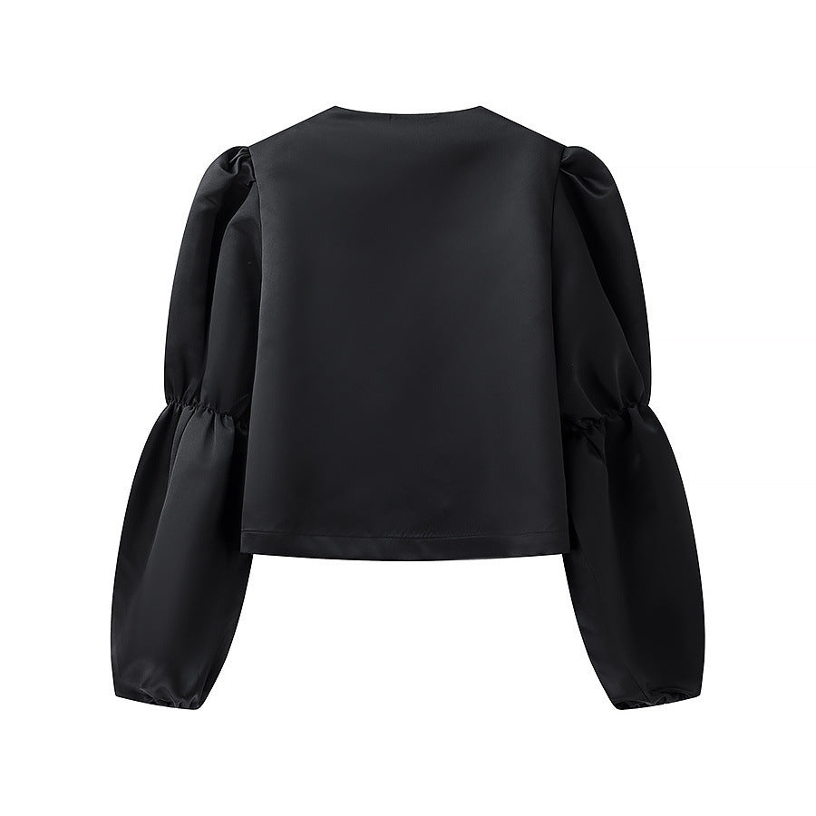 Damen Glänzende Satin‑Bluse mit voluminösen Puffärmeln Shop Nory