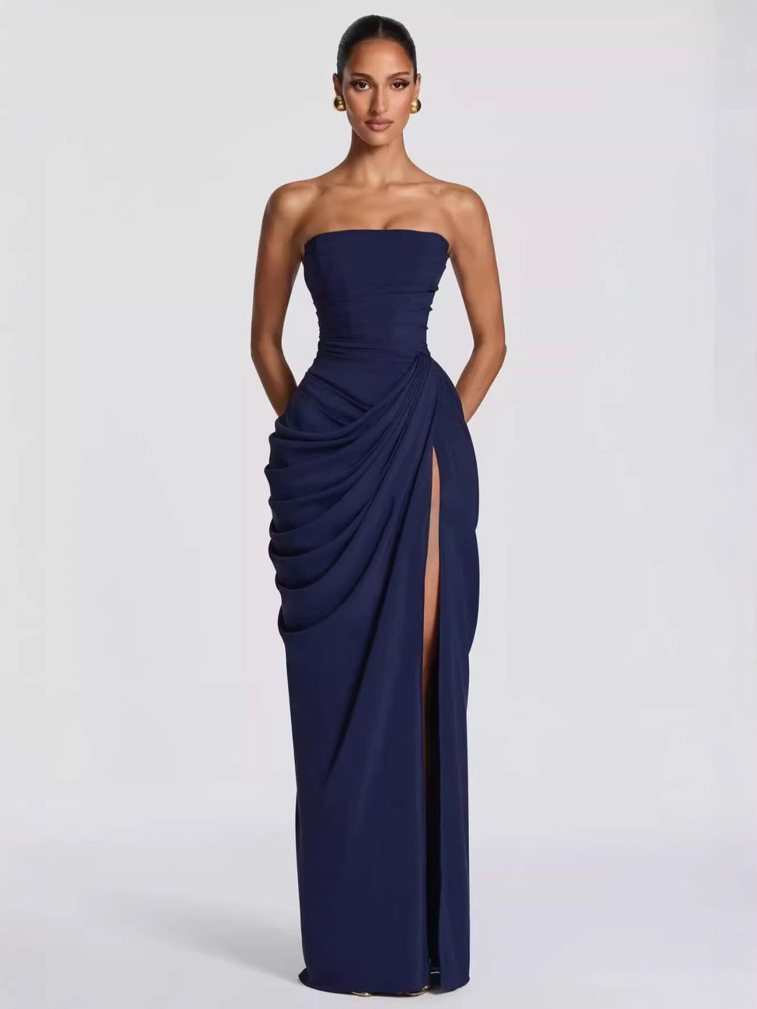 Damen Elegantes Bandeau Abendkleid mit Raffungen und Beinschlitz