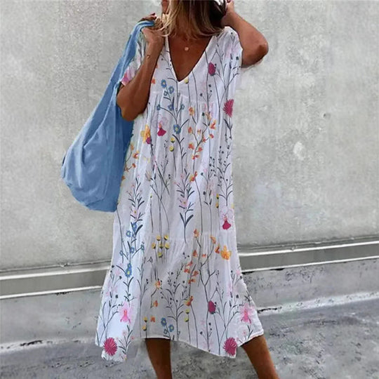 Damen lässiges Sommerkleid mit V-Ausschnitt und voluminösem Rock