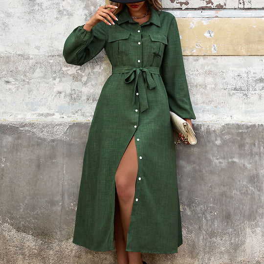 Damen Langärmeliges Hemdblusenkleid im Leinenlook mit Taillenbinder und Frontschlitz Shop Nory