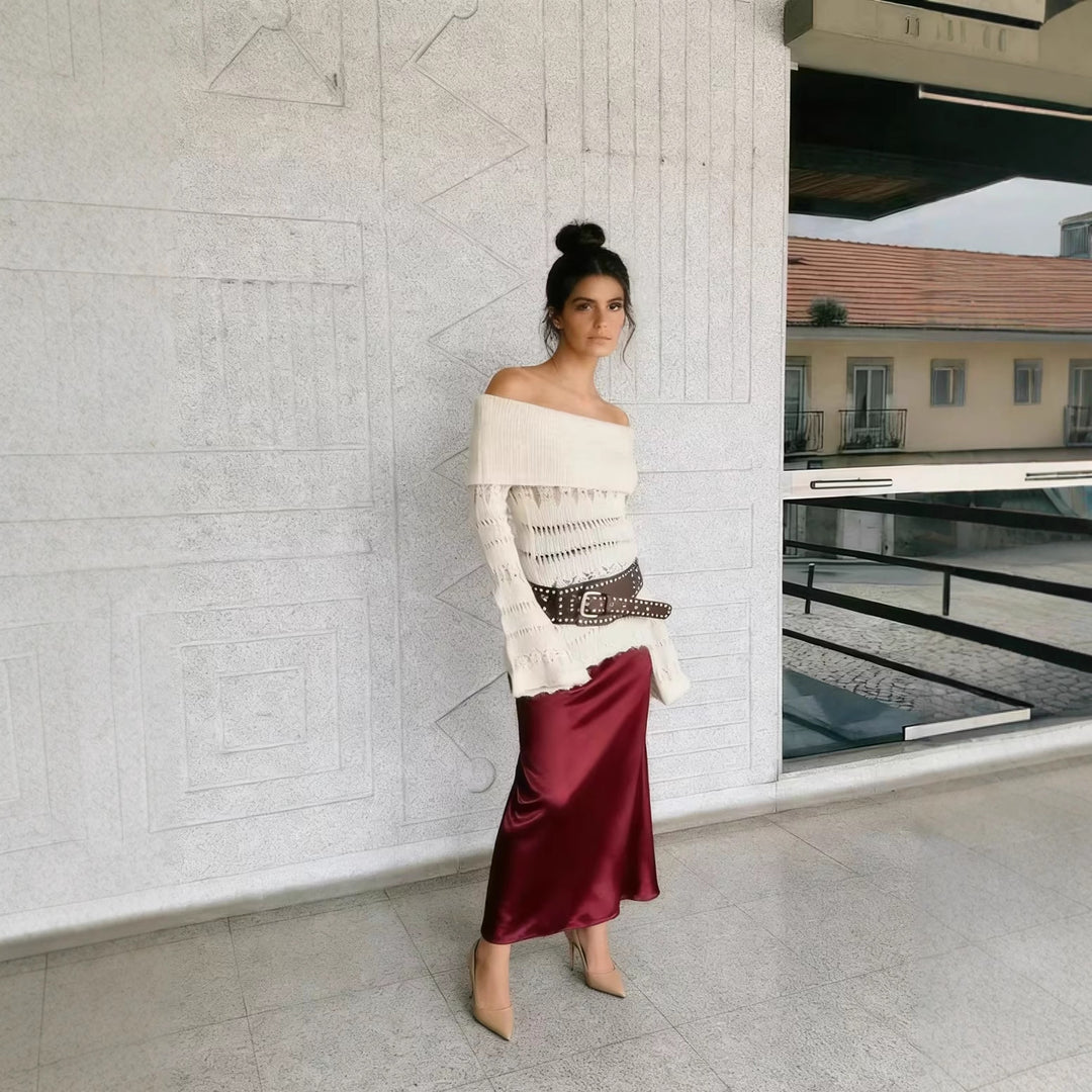Damen Off-Shoulder Feinstrickpullover mit überfallendem Rollkragen und Trompetenärmeln Shop Nory
