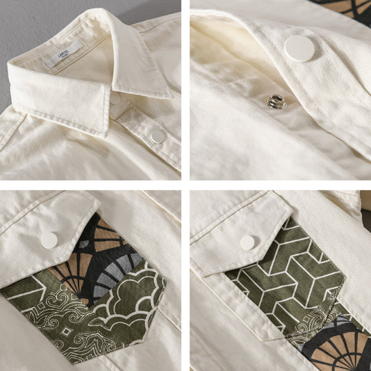 Herren Leichtes Canvas-Overshirt im Worker‑Stil mit japanischem Musterpatch und Druckknopfleiste Shop Nory