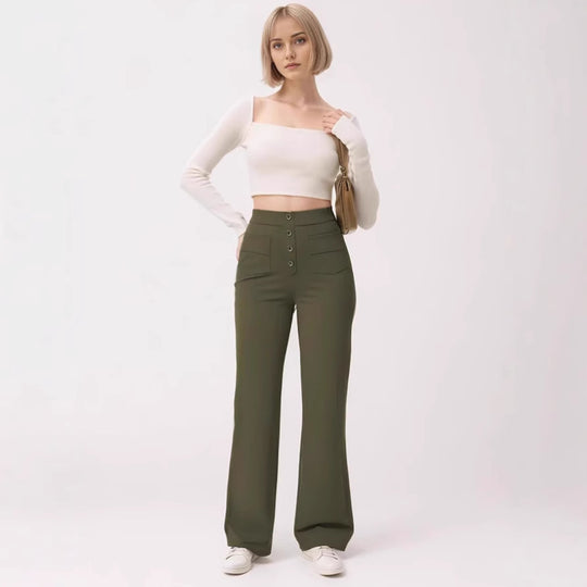 Damen Taillenbetonte Schlaghose aus Stretch-Jersey mit dekorativer Knopfleiste Shop Nory