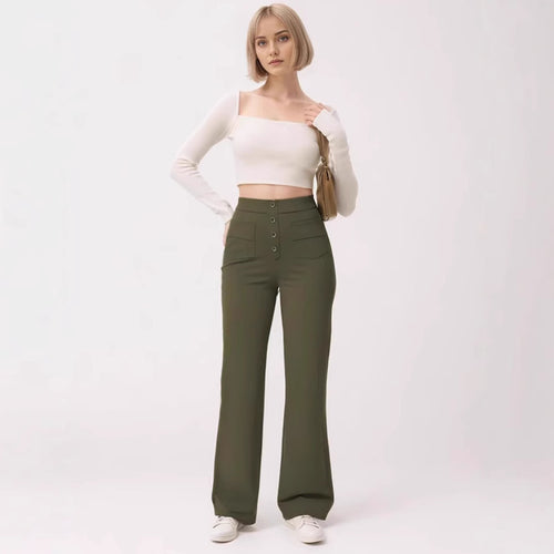 Damen Taillenbetonte Schlaghose aus Stretch-Jersey mit dekorativer Knopfleiste Shop Nory