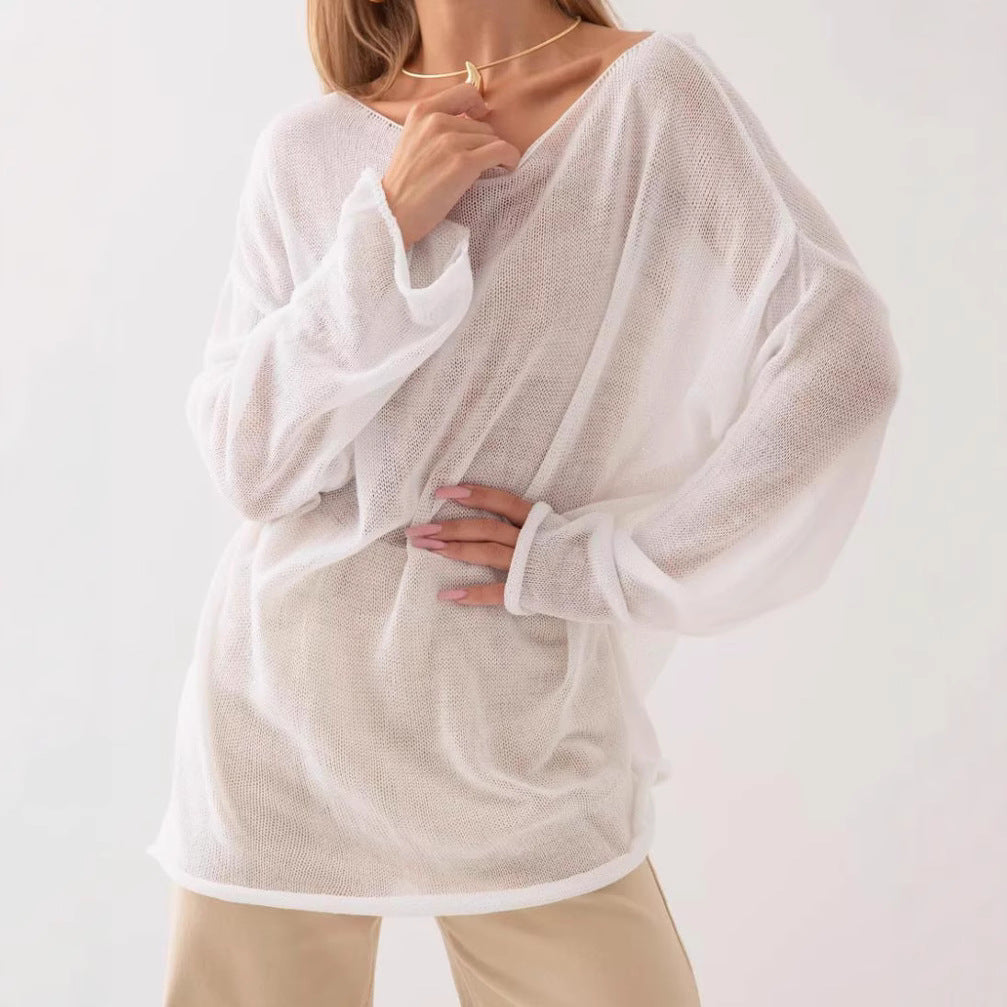 Damen luftige Strickbluse mit offenen Schultern und weiten Ärmeln