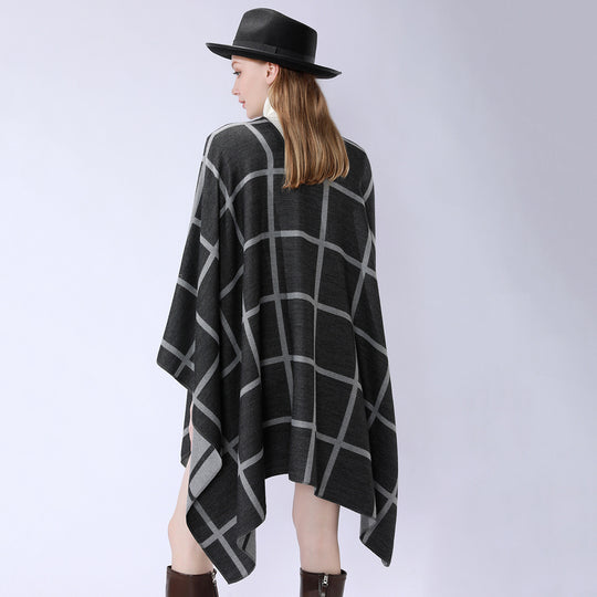 Damen Oversize Poncho aus Feinstrick mit Taillengürtel und Karomuster Shop Nory
