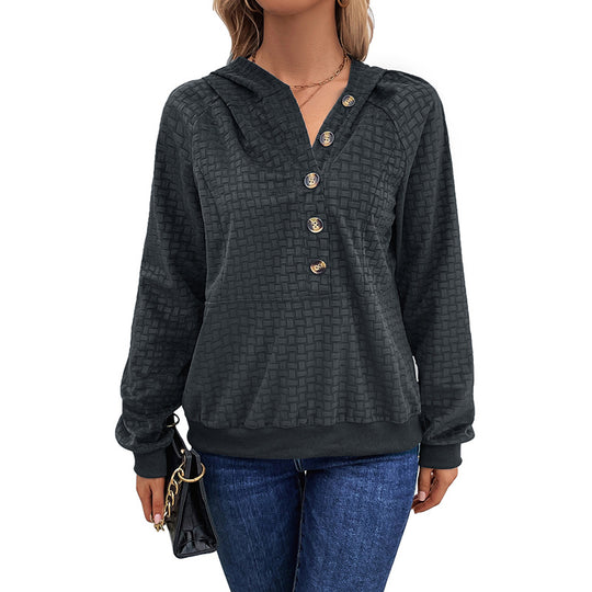 Damen Texturiertes Kapuzen-Henley-Pullover mit Knopfleiste und Kängurutasche Shop Nory
