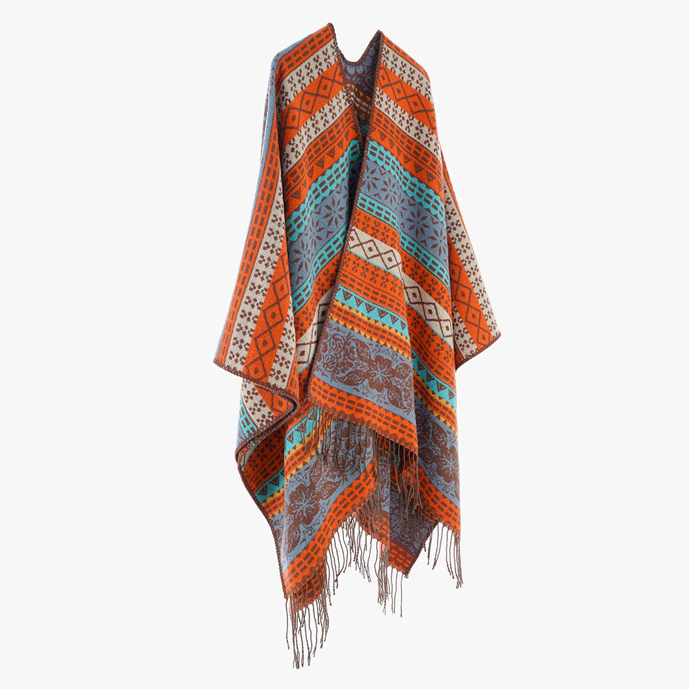 Damen Cape-Poncho mit mehrfarbigem Jacquard, offener Front und Fransensaum Shop Nory