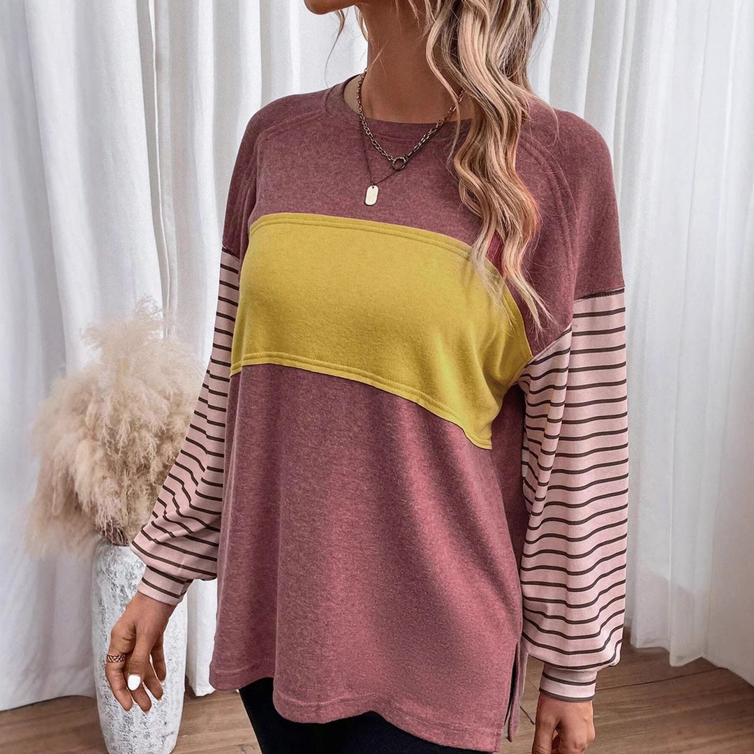 Damen Lockeres Colorblock-Sweatshirt mit gestreiften Ärmeln und Rundhalsausschnitt Shop Nory