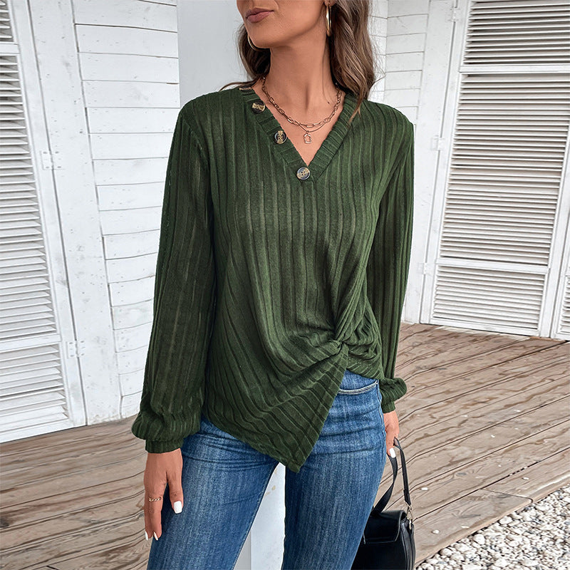 Damen Geripptes V-Ausschnitt Langarmshirt mit Twist-Knoten und Zierknöpfen Shop Nory