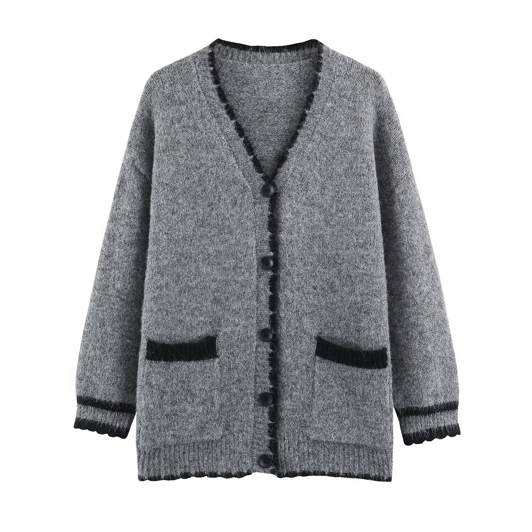 Damen Oversize Strickcardigan mit V-Ausschnitt, Knopfleiste und kontrastierenden Zierkanten Shop Nory